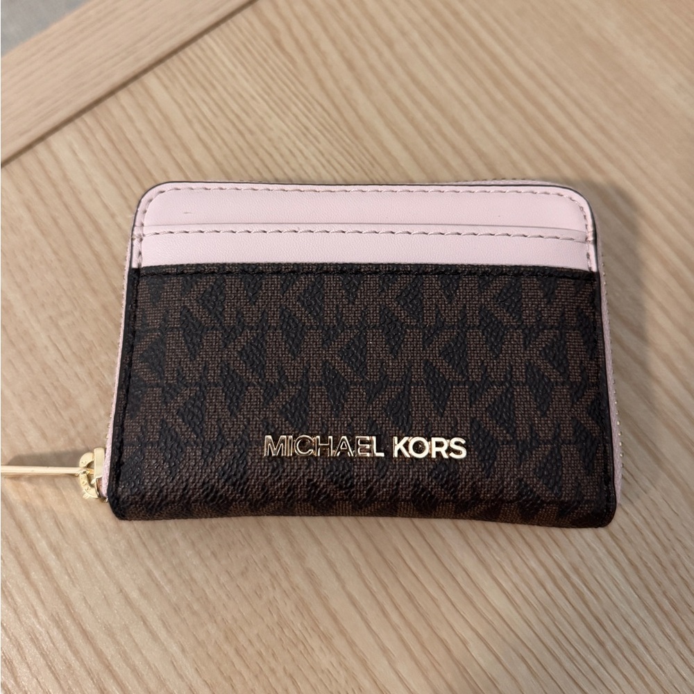 Michael Kors Brown and Light Pink MK Logo Card Case
